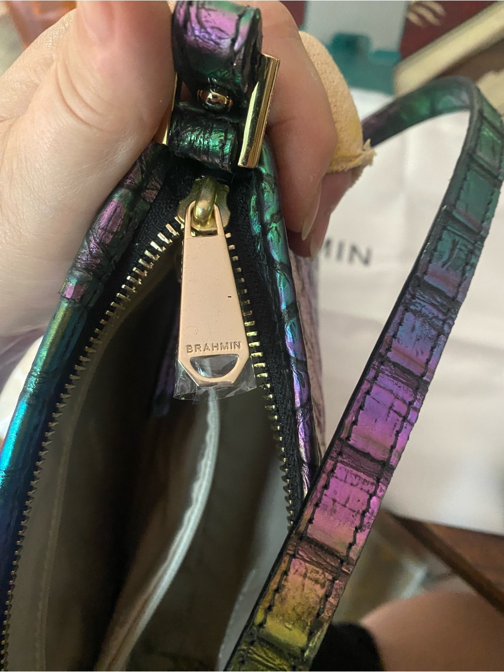 Brahmin Iridescent Embossed Leather Shoulder Bag in Green Blue Purple - Picture 6 of 10
